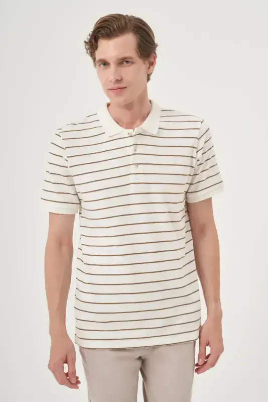 Morven Erkek Ekru Trend Çizgili Dinamik Fit Polo Yaka T-Shirt - 3