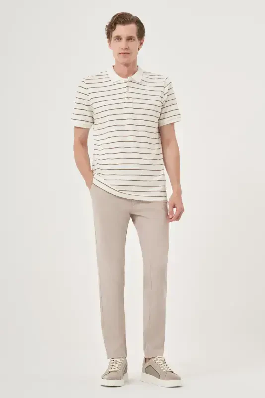 Morven Erkek Ekru Trend Çizgili Dinamik Fit Polo Yaka T-Shirt - 4