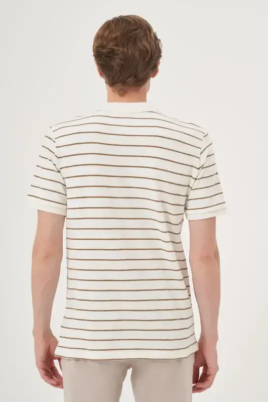 Morven Erkek Ekru Trend Çizgili Dinamik Fit Polo Yaka T-Shirt - 5
