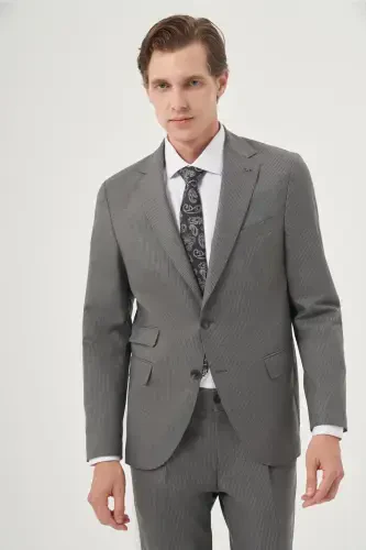 Modazone Erkek Füme Poliviskon Trend Çizgili Slim Fit Mono Yaka Çift Kapak Cepli Takım Elbise - MORVEN (1)