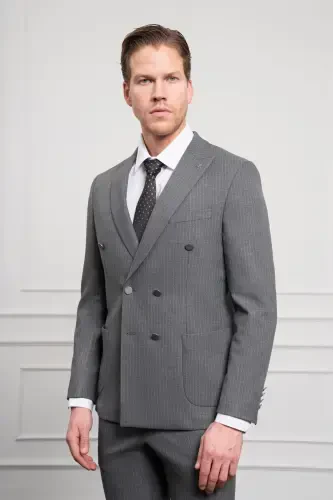 Morven Erkek Füme Trend Kruvaze Slim Fit Dar Kesim Sivri Yaka Takım Elbise - 1