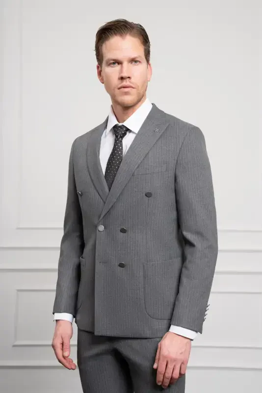 Morven Erkek Füme Trend Kruvaze Slim Fit Dar Kesim Sivri Yaka Takım Elbise - 1