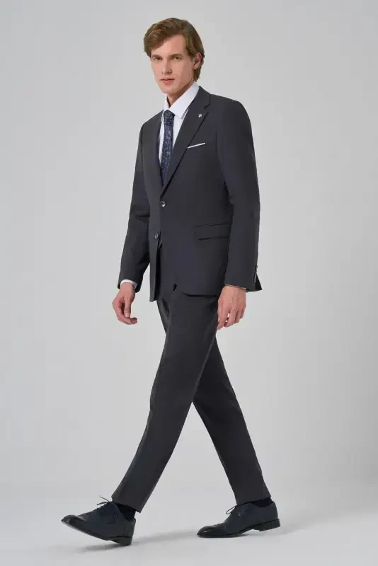 Morven Erkek Füme Yünlü Slim Fit Mono Yaka Takım Elbise - 2