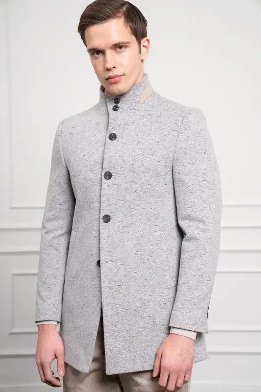 Morven Erkek Gri Desenli Hakim Yaka Dynamic Fit Rahat Kesim Kaban - 1