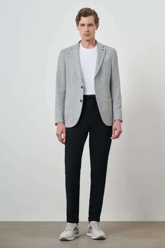 Morven Erkek Gri Keten Dokuma Desenli Slim Fit Mono Yaka Ceket - 3