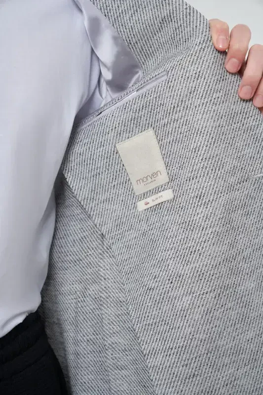 Morven Erkek Gri Keten Dokuma Desenli Slim Fit Mono Yaka Ceket - 4