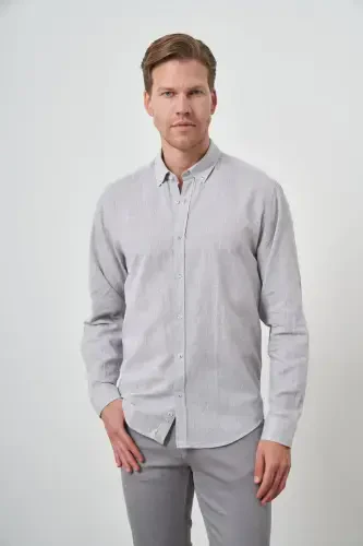 Morven Erkek Gri Keten Trend Dynamic Fit Düğmeli Yaka Gömlek 