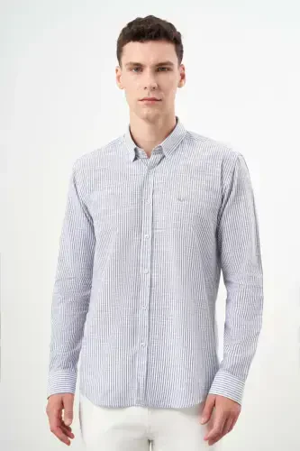 Morven Erkek Gri Pamuk Çizgili-Panolu İtalyan Yaka Slim Fit Gömlek - MORVEN (1)