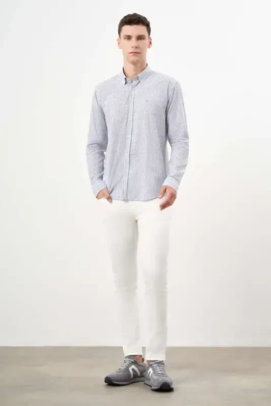 Morven Erkek Gri Pamuk Çizgili-Panolu İtalyan Yaka Slim Fit Gömlek - 4