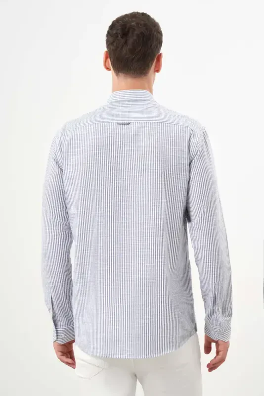 Morven Erkek Gri Pamuk Çizgili-Panolu İtalyan Yaka Slim Fit Gömlek - 5