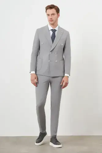 Morven Erkek Gri Polyamide Trend Kruvaze Slim Fit Sivri Yaka Takım Elbise - MORVEN (1)