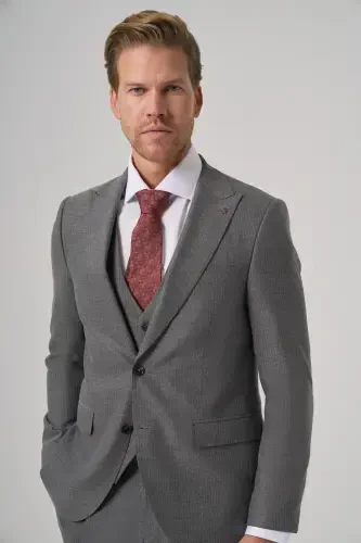 Morven Erkek Gri Poliviskon Trend Çizgili Slim Fit Sivri Yaka Takım Elbise - MORVEN (1)