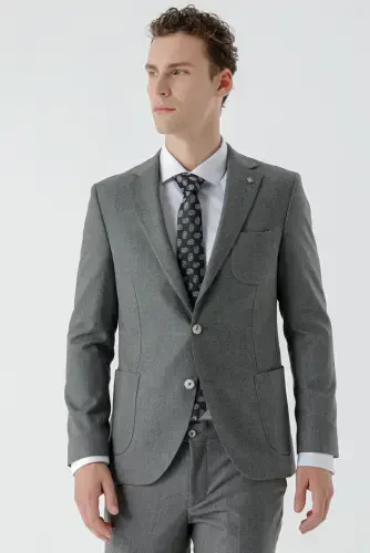 Morven Erkek Gri Poliviskon Trend Desenli Slim Fit Mono Yaka Takım Elbise - MORVEN (1)