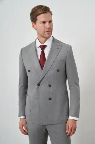 Modazone Erkek Gri Poliviskon Trend Kruvaze Çizgili Desen Slim Fit Sivri Yaka Takım Elbise - MORVEN (1)