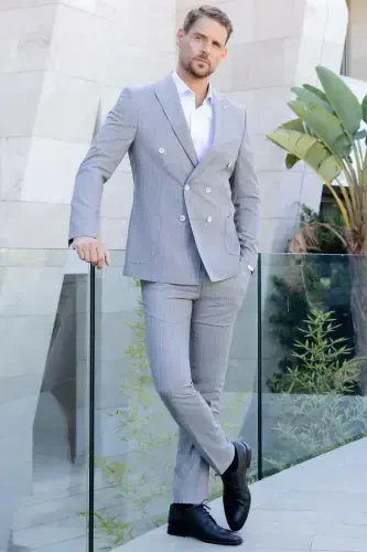 Morven Erkek Gri Poliviskon Trend Kruvaze Slim Fit Sivri Yaka Takım Elbise - MORVEN (1)