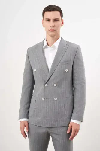 Morven Erkek Gri Poliviskon Trend Kruvaze Slim Fit Sivri Yaka Takım Elbise - MORVEN (1)