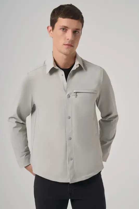 Morven Erkek Gri Polyester Trend Düz Dynamic Fit Berberi Yaka Gömlek Ceket - 2