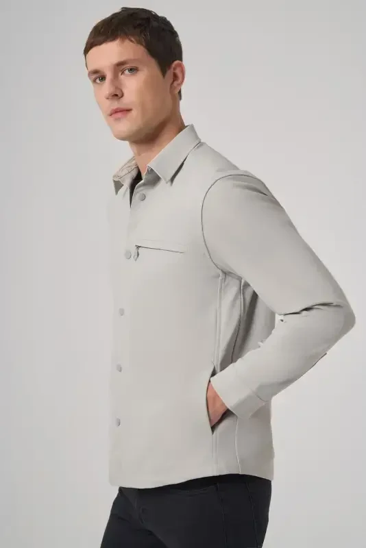Morven Erkek Gri Polyester Trend Düz Dynamic Fit Berberi Yaka Gömlek Ceket - 4