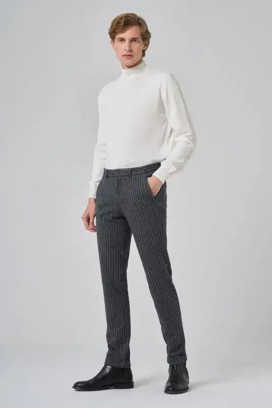 Morven Erkek Gri Trend Slim Fit Lastikli Fermuarlı Pantolon - 2