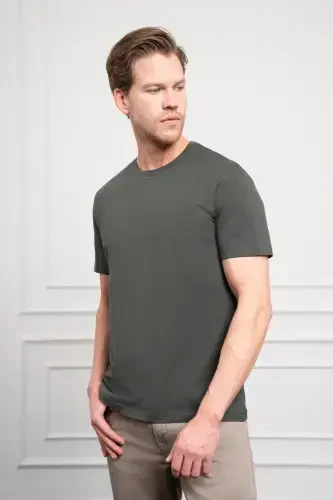 Modazone Erkek Haki Basic Bisiklet Yaka Dynamic Fit Pamuk T-Shirt - 4