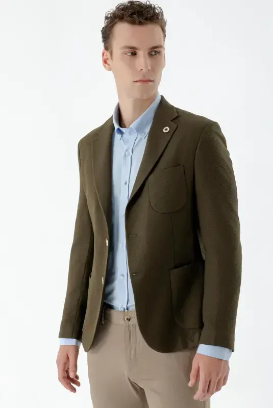 Morven Erkek Haki Dokuma Slim Fit Torba Cep Mono Yaka Spor Ceket - 1