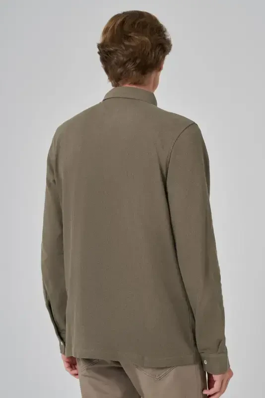 Morven Erkek Haki Pamuk Trend Ağaç Kabuğu Desen Dinamik Fit İtalyan Yaka Gömlek - 5