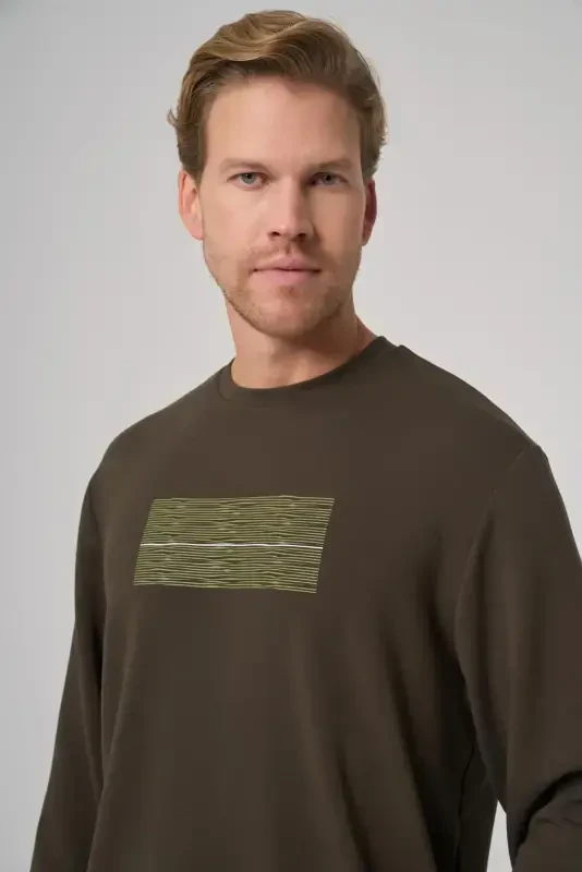 Morven Erkek Haki Trend Baskılı Bisiklet Yaka Sweatshirt - 3