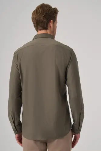 Morven Erkek Haki Trend Düz Slim Fit Tam İtalyan Yaka Gömlek - 5
