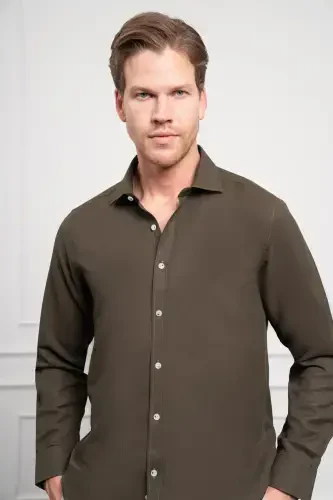 Morven Erkek Haki Trend İtalyan Yaka Slim Fit Dar Kesim Gömlek - 4