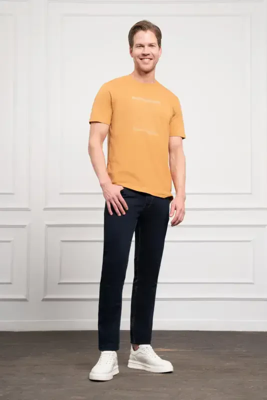 Morven Erkek Hardal Sarısı Trend Bisiklet Yaka Dinamik Fit Pamuk T-Shirt - 2