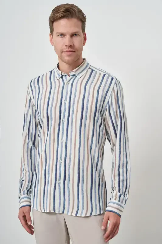Morven Erkek İndigo Keten Çizgili Desen Düğmeli Yaka Slim Fit Gömlek - 1