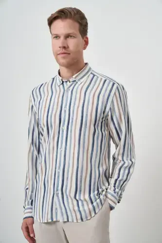 Morven Erkek İndigo Keten Çizgili Desen Düğmeli Yaka Slim Fit Gömlek - 3