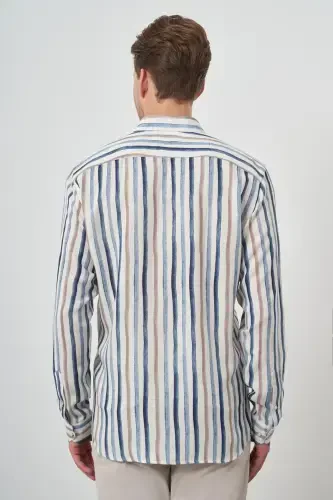 Morven Erkek İndigo Keten Çizgili Desen Düğmeli Yaka Slim Fit Gömlek - 4