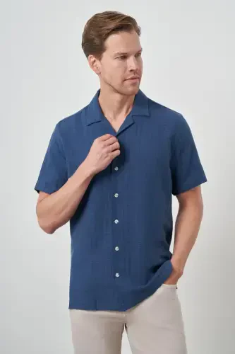 Morven Erkek İndigo Keten Regular Fit Apaş Yaka Kısa Kol Gömlek - 3