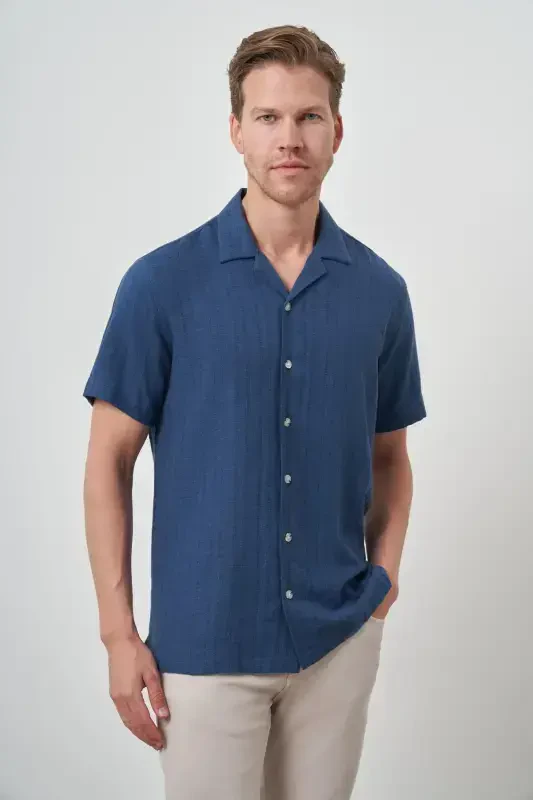 Morven Erkek İndigo Keten Regular Fit Apaş Yaka Kısa Kol Gömlek - 4