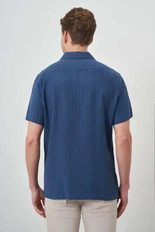 Morven Erkek İndigo Keten Regular Fit Apaş Yaka Kısa Kol Gömlek - 5