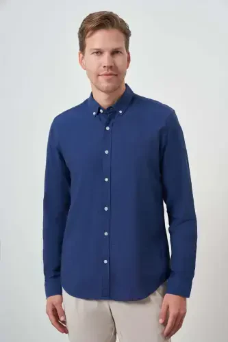 Morven Erkek İndigo Keten Trend Dynamic Fit Düğmeli Yaka Gömlek 