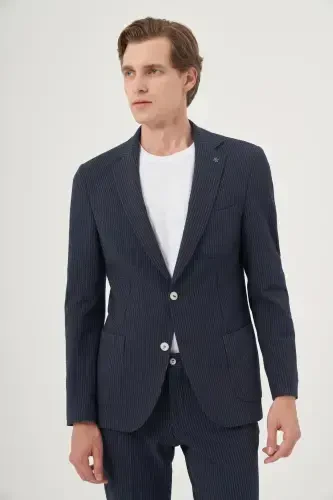 Morven Erkek İndigo Poliviskon Trend Çizgili Slim Fit Mono Yaka Takım Elbise 