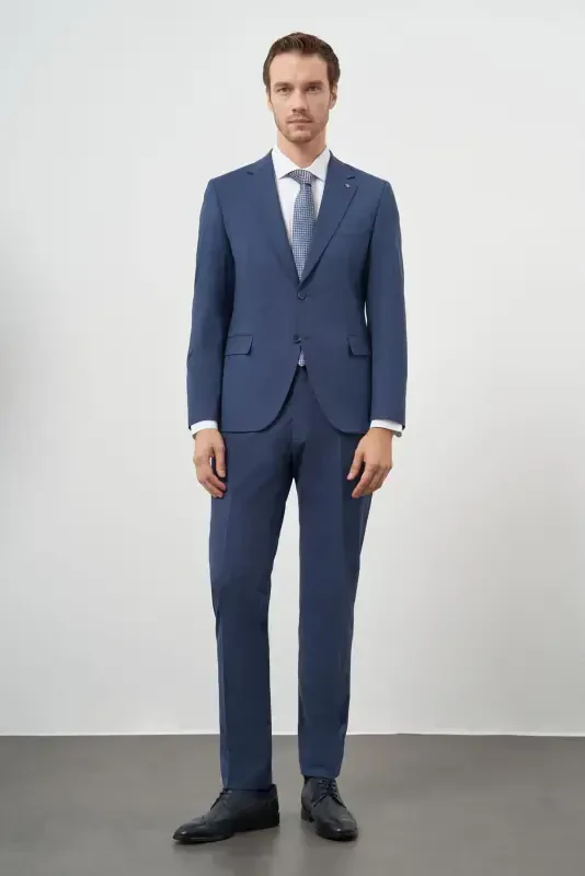 Morven Erkek İndigo Yün Slim Fit Mono Yaka Takım Elbise - 3