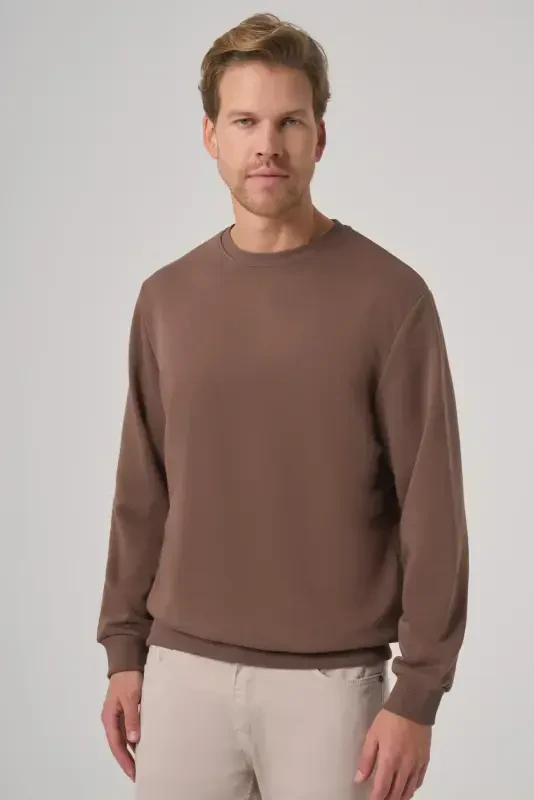 Modazone Erkek KAHVE Basic Bisiklet Yaka Sweatshirt - MORVEN