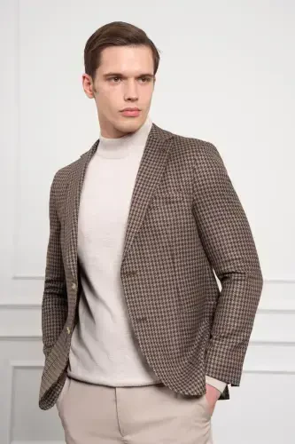 Morven Erkek KAHVE Dokuma Slim Fit Dar Kesim Mono Yaka Ceket - 3