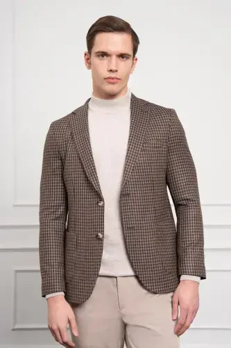 Modazone Erkek KAHVE Dokuma Slim Fit Dar Kesim Mono Yaka Ceket 