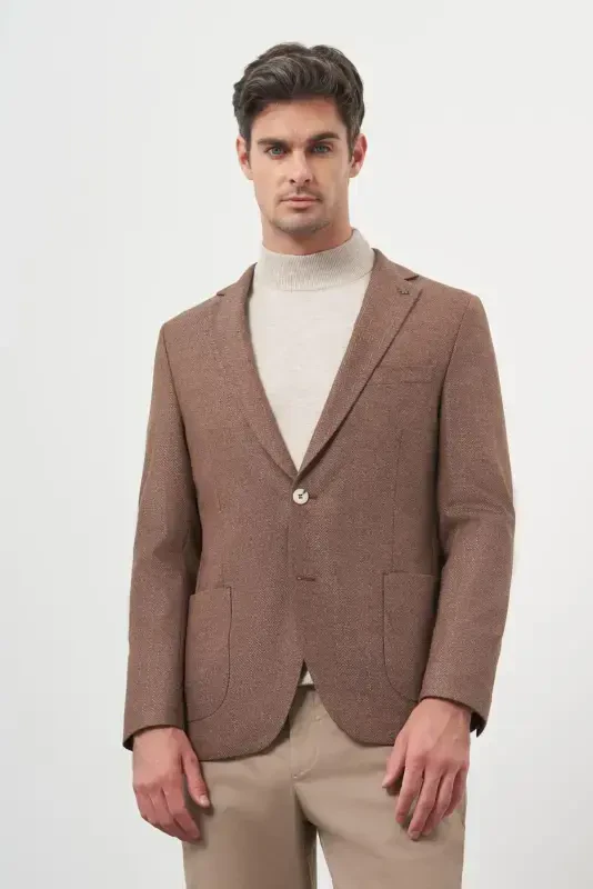 Morven Erkek KAHVE Dokuma Slim Fit Mono Yaka Ceket - 1