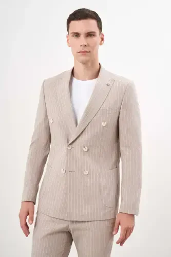 Morven Erkek KAHVE Keten Trend Kruvaze Slim Fit Sivri Yaka Takım Elbise - MORVEN (1)