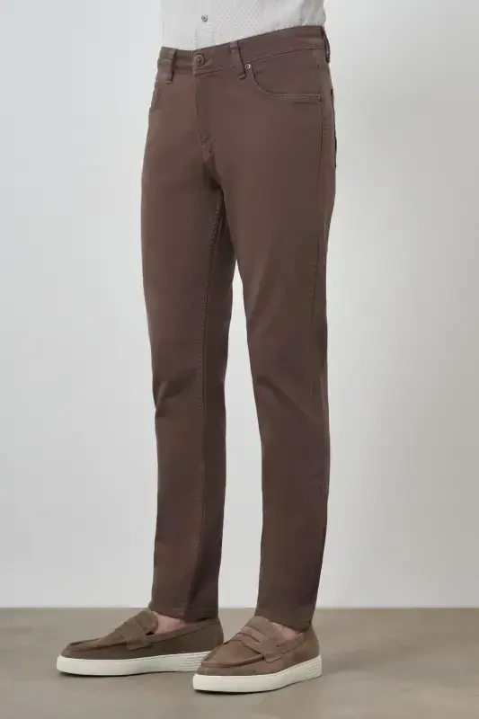 Morven Erkek KAHVE Pamuk 5 Cep Slim Fit Jean Kot Pantolon - 4