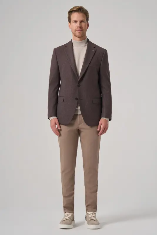 Morven Erkek KAHVE Poliviskon Dokuma Desenli Dynamic Fit Mono Yaka Ceket - 4