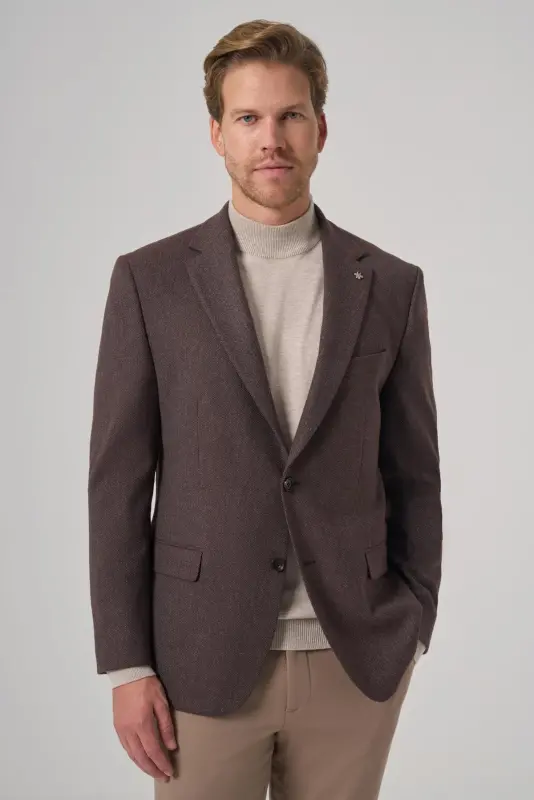 Modazone Erkek KAHVE Poliviskon Dokuma Desenli Dynamic Fit Mono Yaka Ceket - 1