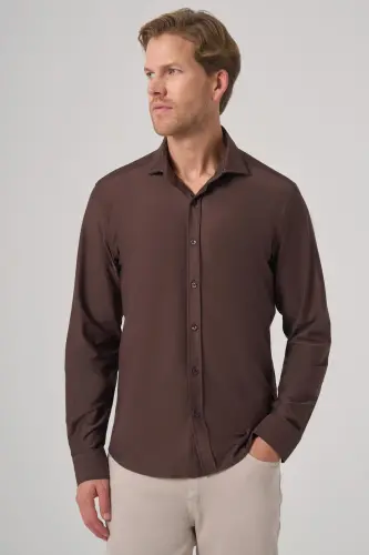 Morven Erkek KAHVE Trend Düz Slim Fit Tam İtalyan Yaka Gömlek 