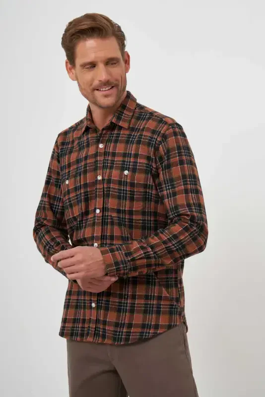 Morven Erkek KAHVE Trend Ekoseli Regular Fit Düğmeli Yaka Oduncu Gömlek - 2