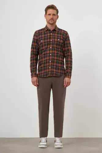 Morven Erkek KAHVE Trend Ekoseli Regular Fit Düğmeli Yaka Oduncu Gömlek - 4